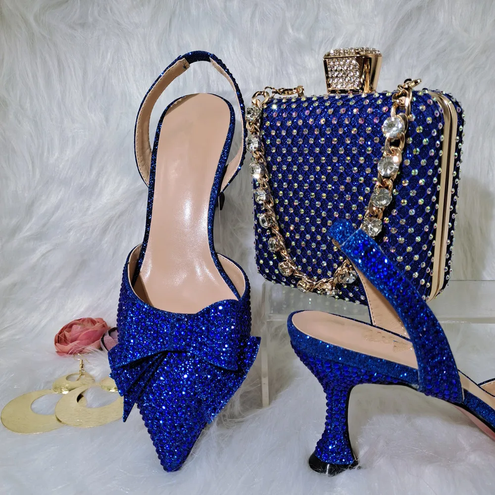 

Wonderful Blue 8CM High Heel Women Shoes Match Handbag With Rhinestones Decoration African Dressing Pumps And Bag Set QSL047