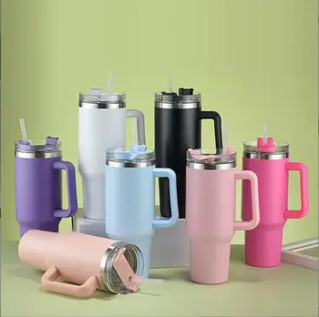 40oz Stainless Steel Car Cup Large Capacity Water Cup with Handle and Straw Double-walled Insulated Travel Mug Holiday Gifts 1
