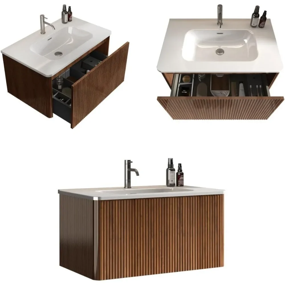 30" Bathroom Vanity Sink Combo Single Sink Wall Mounted Bathroom Cabinet  with Soft Close Drawers, Walnut 6