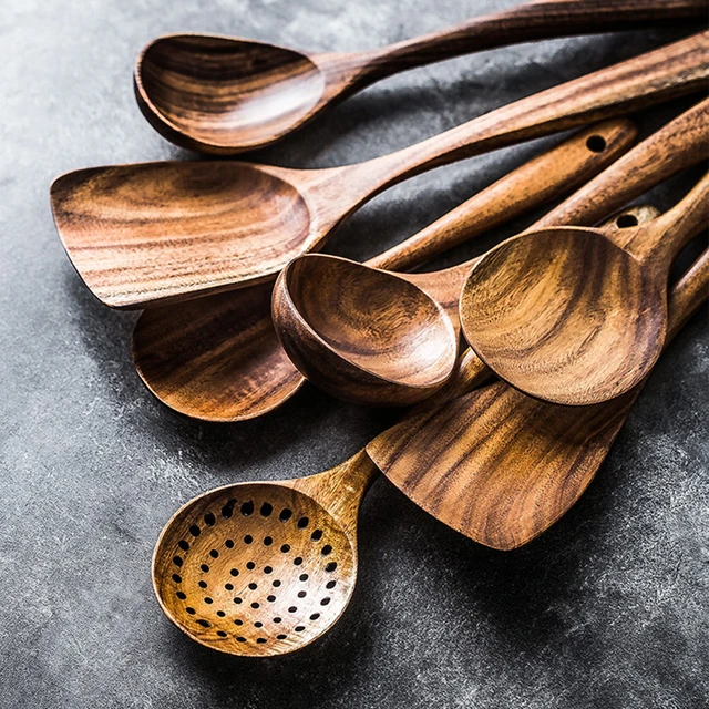 7 piezas, juego de cucharas y espátula de madera para cocinar, juego de  utensilios de cocina