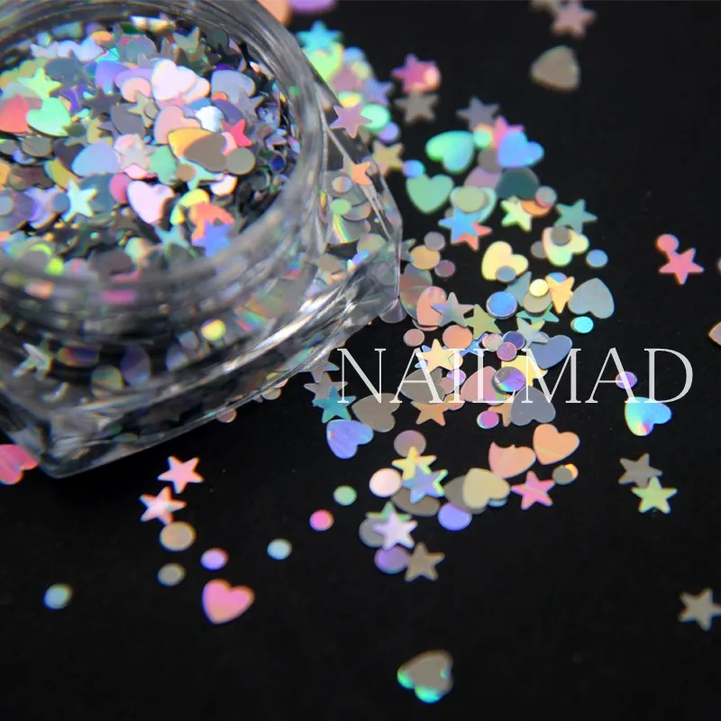 Nail Decorations 3ml Box Holo Nail Glitter Mixes Heart Round Star Nail Sequins Holographic Glitter Art Decorations