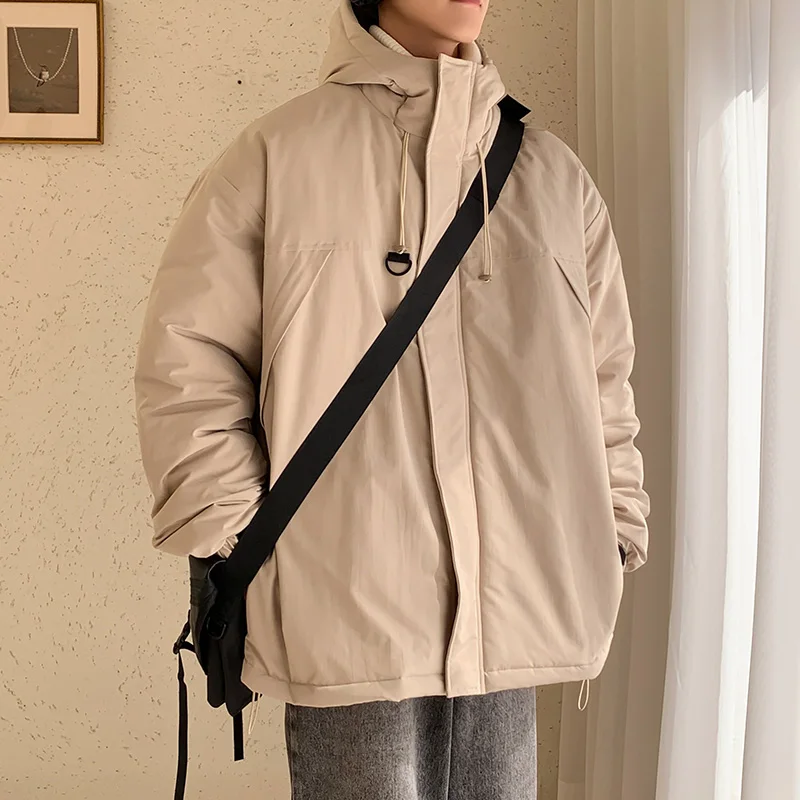 

Minimalist Hooded Coats Men Winter Warm Cotton Parkas Casual Trend Drawstring Solid Zipper Outdoor Loose Hoody Parka Male