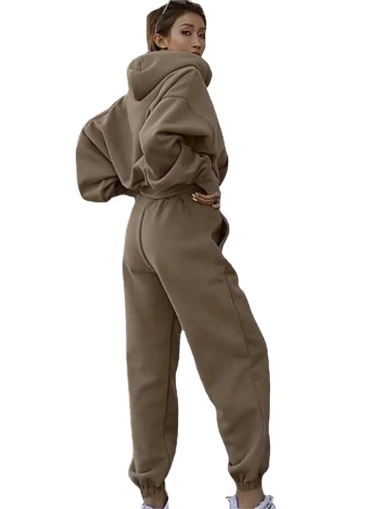 Sweatshirt Two Piece Set Women Solid Color Drawstring Hoodie