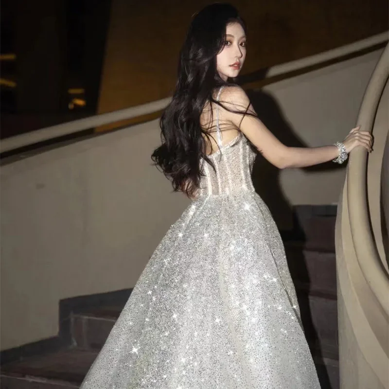 Bomaris Silver Spaghetti Straps Prom Dresses Vestidos De Festa Sparkly Sequined Abendkleider Formal Evening Paty Gown Customized