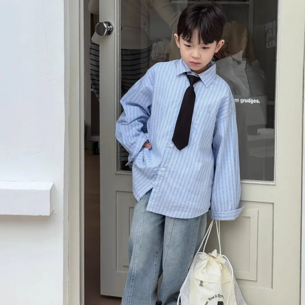 Blue Washed Cotton Shirt for Boys Spring Hot Sale Of The Season Korean Vertical Stripes School Style Tie Children's Clothing Top
