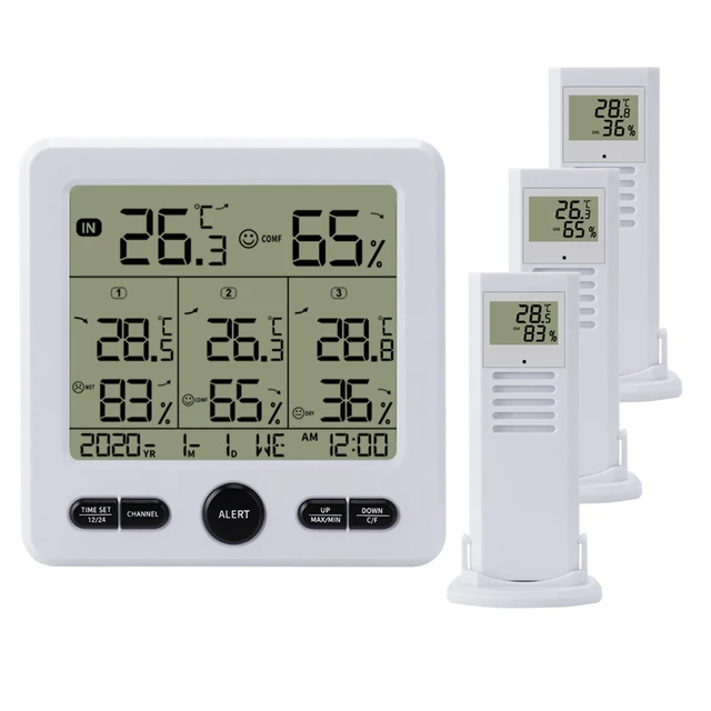 Digital Thermometer and Hygrometer with 3 Remote Sensors, Indoor Outdoor Temperature and Humidity Monitor with Touchscreen LCD Backlight, 200ft/60m RA