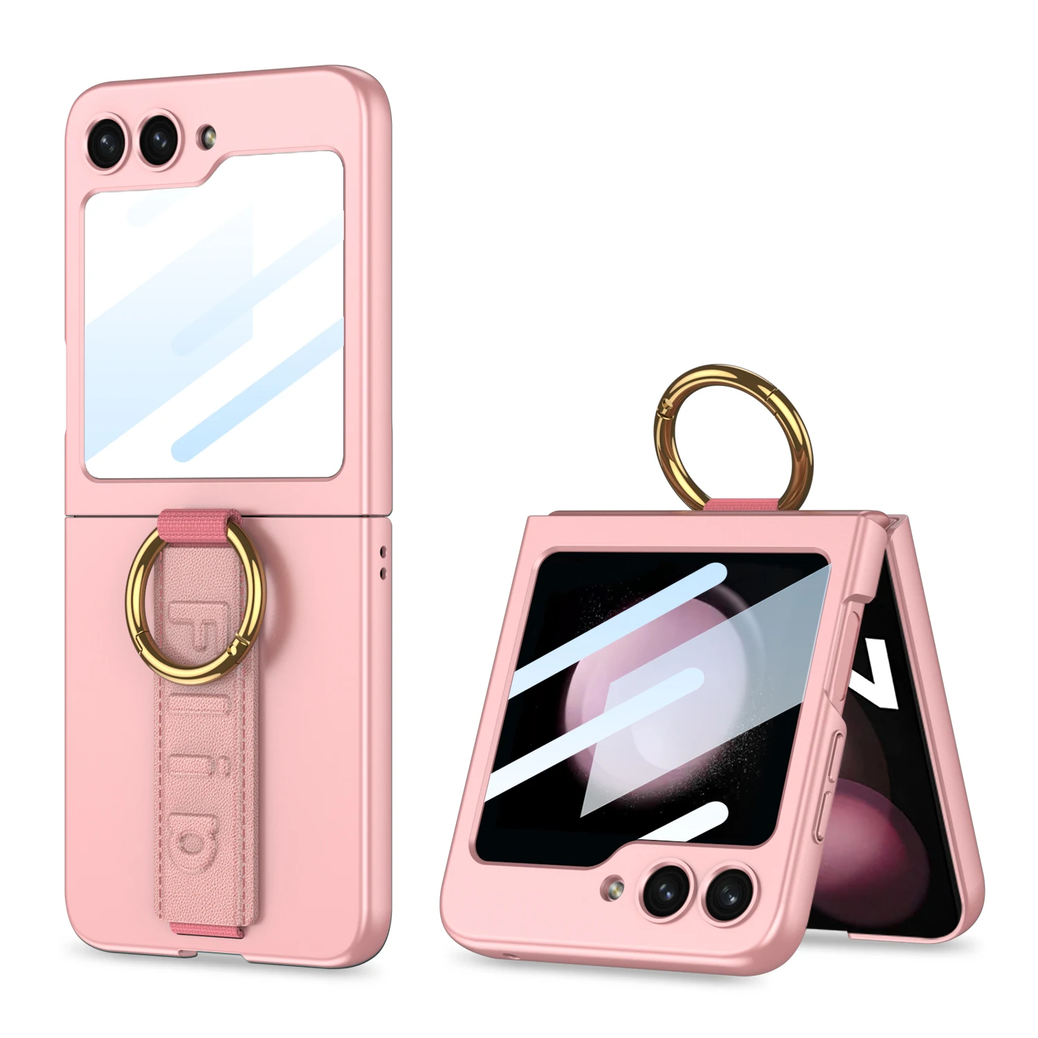 

For Samsung Galaxy Z Flip 5 4 3 Case Ultra Thin Skin Friendly Matte Wrist Strap Metal Ring Bracket Mirror Film Shockproof Cover