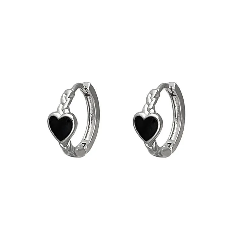 Korean Black Twisted Silver Color Hoops Earrings Love Heart
