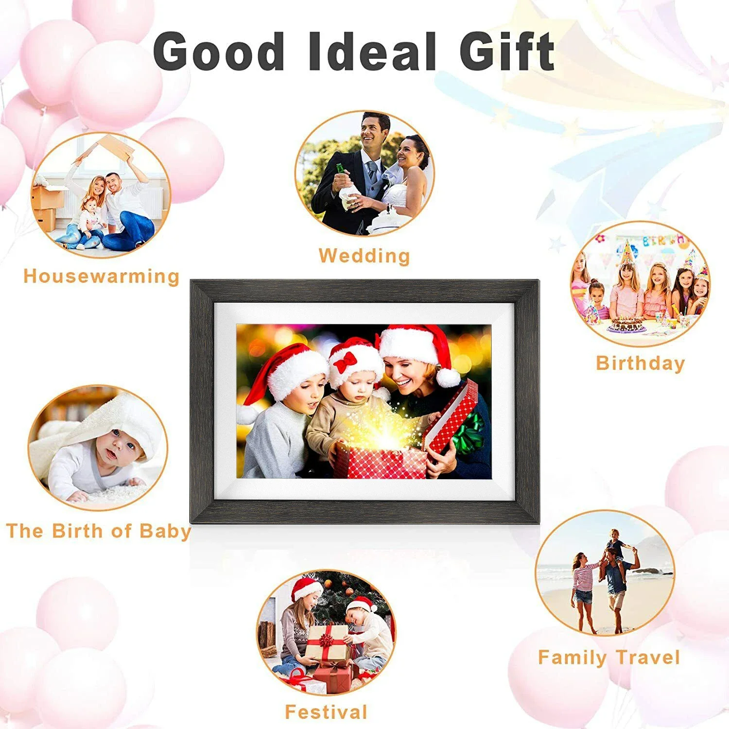 WiFi 10.1 Inch Digital Picture Photo Frame 1280x800 IPS Touch Screen 64GB Frameo Smart Photo Frame APP Control Detachable Holder