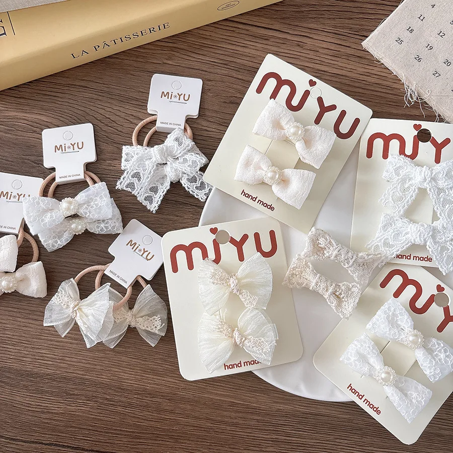 Fermagli per capelli con fiocco in pizzo 2 pezzi Clip a scatto completamente avvolte per ragazze Barrette con frangia fata beige Cravatte per coda di cavallo Accessori per capelli delicati - immagine 4