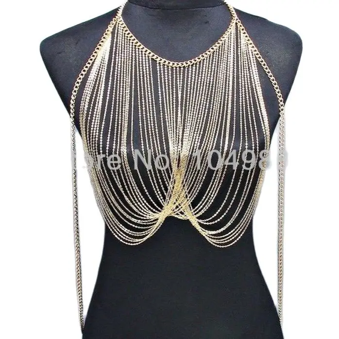 

FREE SHIPPING New Style Gold OR Silver Colour Shine Chains Harness Bikini Beach Party Slave Harness Body Chians jewelry