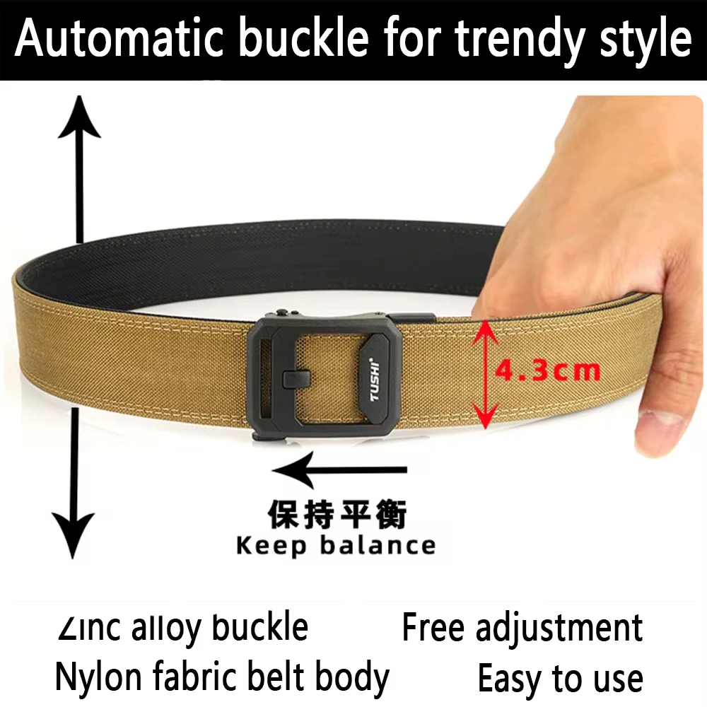 Leather Belt 4.3CM Wide Double-layer Reinforced Automatic Buckle Shooting Training Quick Hanging Pistol Mens Belt Nylon Outdoor