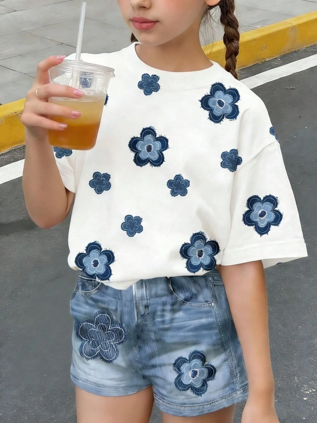 2-teiliges Set für Kinder und Mädchen mit Blumenstickerei, kurzärmeligem T-Shirt und Shorts im Denim-Look, Sommer-Casual-Streetwear, tägliches Schuloutfit (N