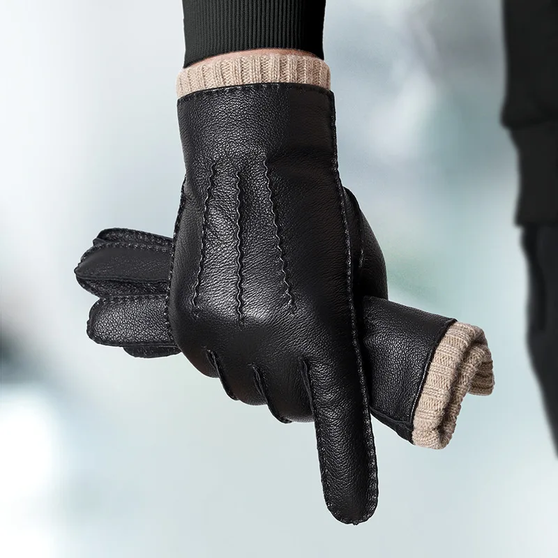 Men Sheepskin Gloves Winter Thermal Leather Gloves Touch Screen Windproof Warm Gloves Business