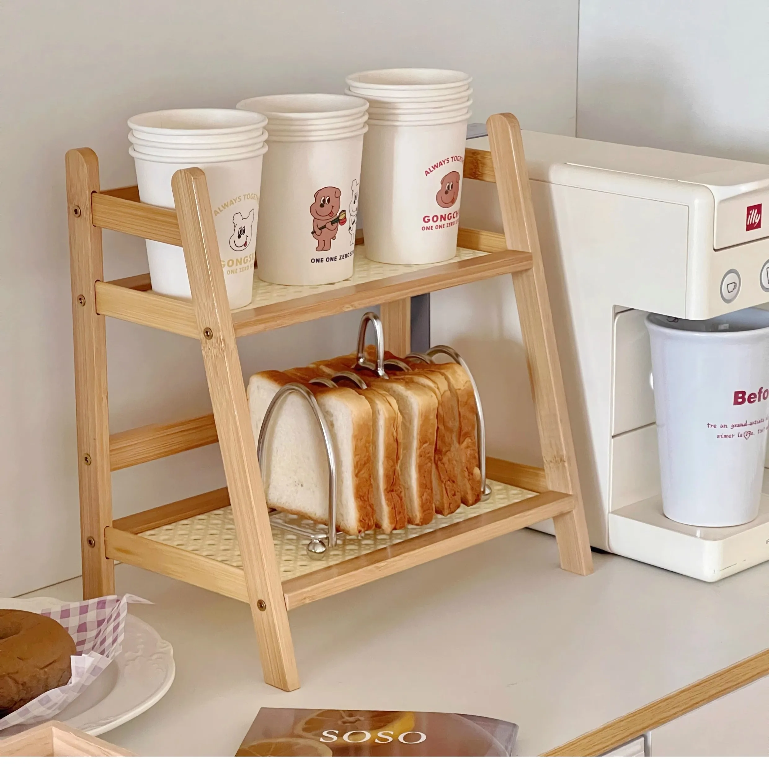 Wooden Storage Shelf for Kitchen Rattan Desktop Organizer