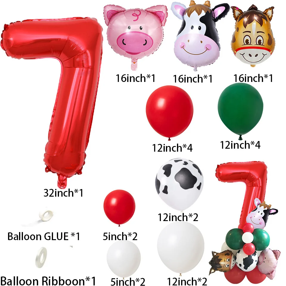 22pcs Farm Animal Theme Cow/Pig Balloons Tower Set 1-9inch Red Balloon Kids Happy Birthday Party Decoration Farm Party Supply