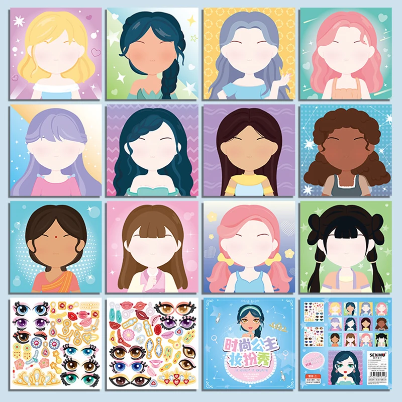 Make a Face Sticker Book Cute Cartoon Princess Fashion Girl 12 Faces 2  Stickers Sheets Children Kids Puzzle Games Assemble Toys