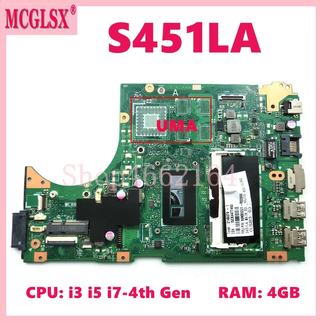 

S451LA With i3 i5 i7-4th Gen CPU 4GB-RAM Mainboard For ASUS S451L S451LN S451LB S451LA S451 R451L K451L Laptop Motherboard