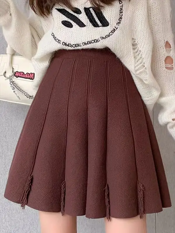 

College Style 2023 Autumn Winter Women Tassel High Waisted A-line Pleated Umbrella Skirt Solid Color Fashion Basics Short Skirts