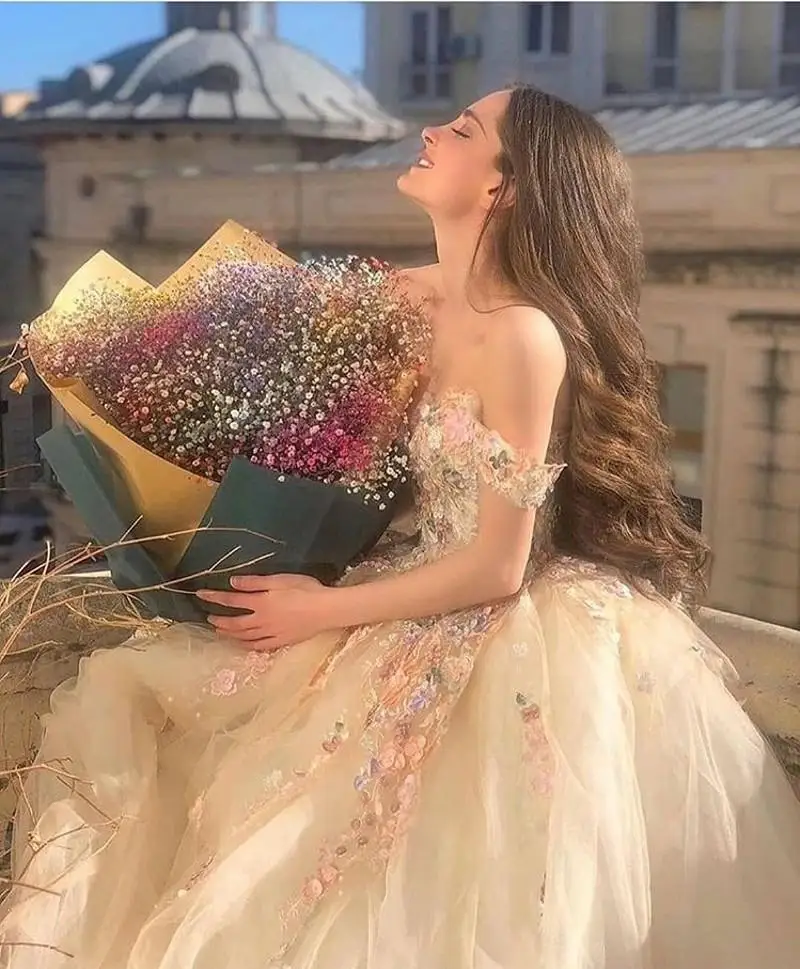 Champagne Fairy Princess Quinceanera Dresses Handmade Flower Floral Off Shoulder Sweep Train Prom Party Gown