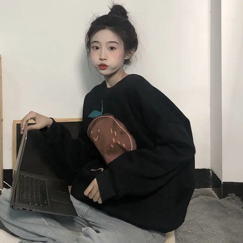 Sweatshirts Women Thicker Winter Korean Style Lazy Print Kawaii O-neck Aesthetic Streetwear Harajuku Ins Ropa Cute Preppy Chic