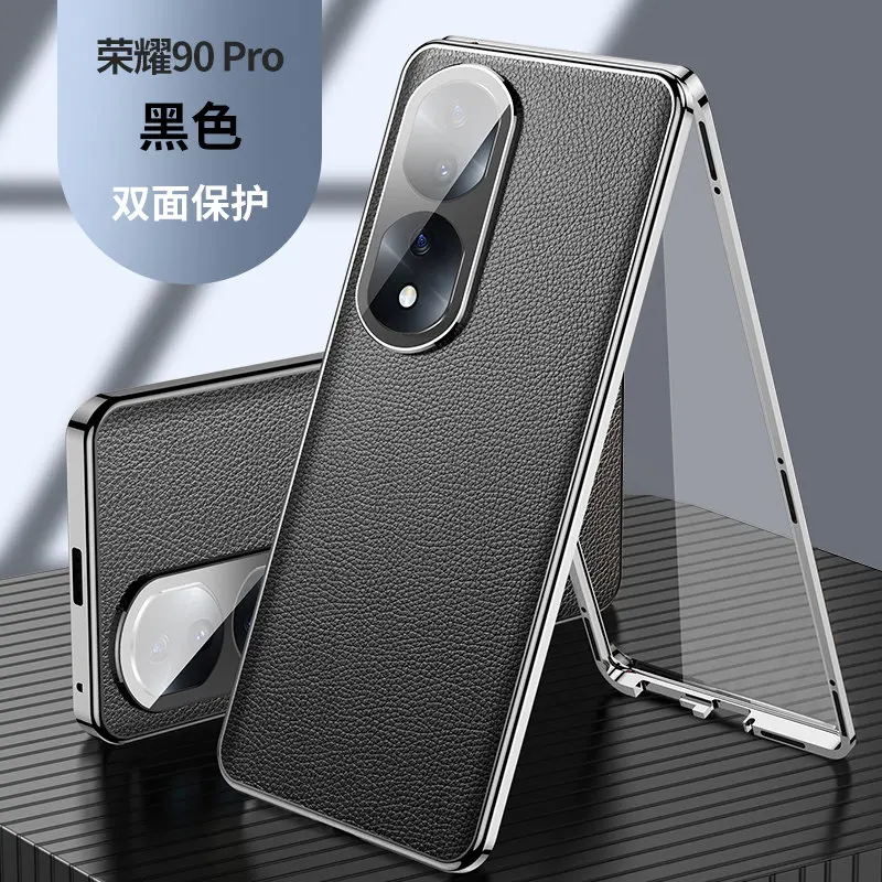 

Honor 90 Pro 5G Case 360 Full Protection Clear Tempered Glass Front Hard Cover with Back PU Leather Case for Honor 90 Pro 5G