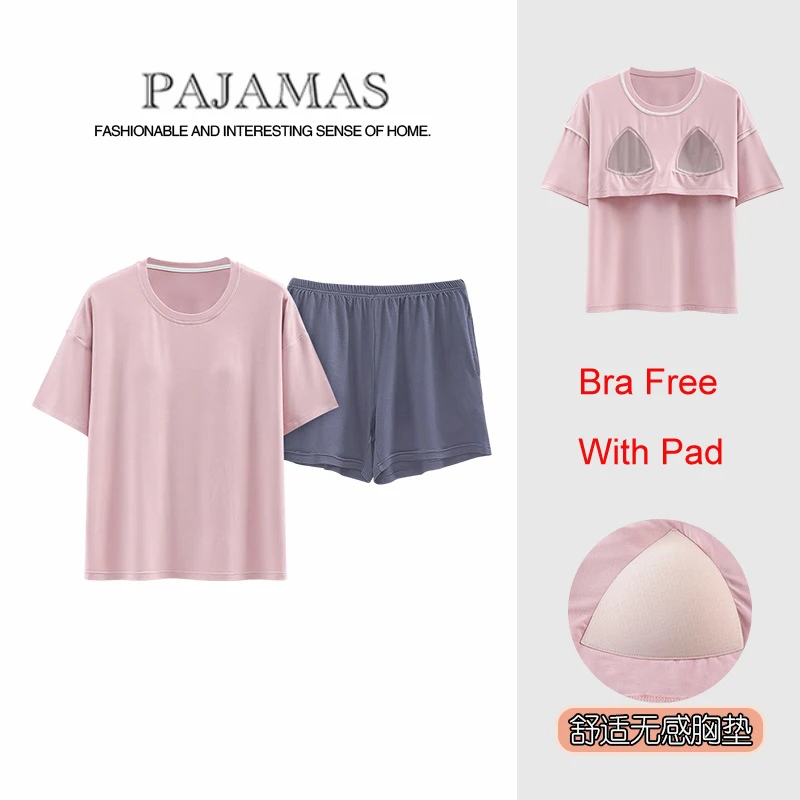 Modal Pajama Sets For Women Summer Short Sleepwear with Bra Pads Female Home Service Casual Loungewear Pjs Mujer Freeship