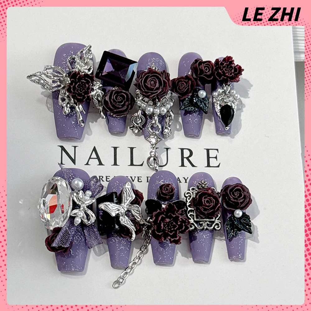 

Elegance Purple Fine Flash Design Pure Handmade Fake Nails 3D Stereo Rose Rhinestone Design Lavish Party Gifts Full Cover Nails