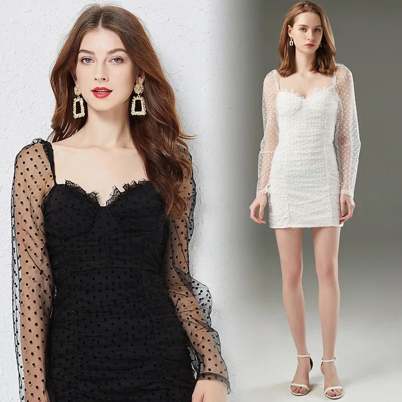 

Autumn New European and American Women's Clothing Sexy Pullover Dot Mesh Three-Dimensional Tube Top Long-Sleeved, Slim-Fit, Shor