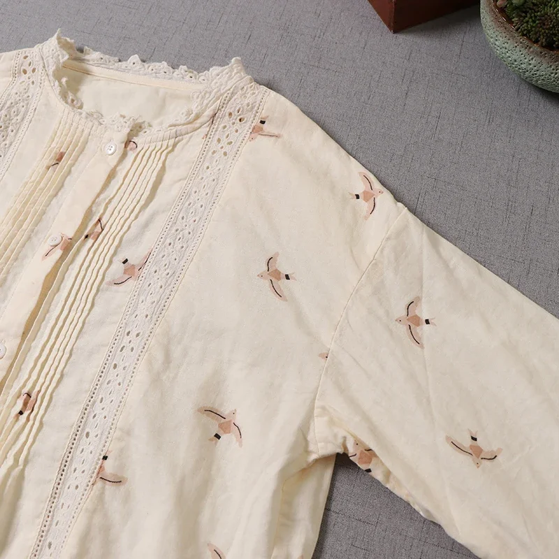Japan Style Mori Girl Literature Print Hollow Out Shirt Women O-Neck Long Sleeve Casual Loose Cotton Blouse Tops Mujer