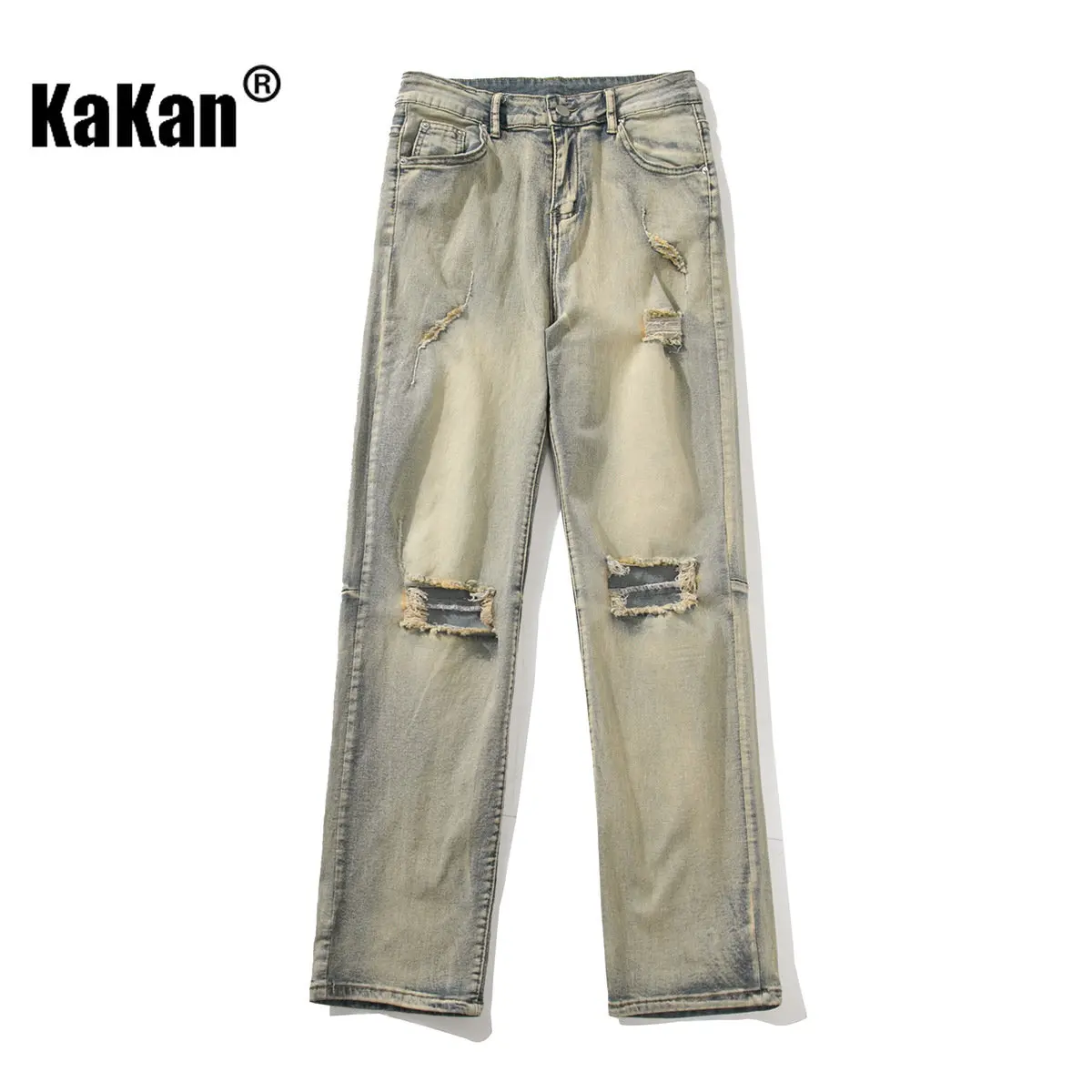 Kakan - Spring/Summer New Style Washed Old Knee Perforated Jeans Men's Wear, Slightly Elastic Straight Sleeve Long Jeans K29-717
