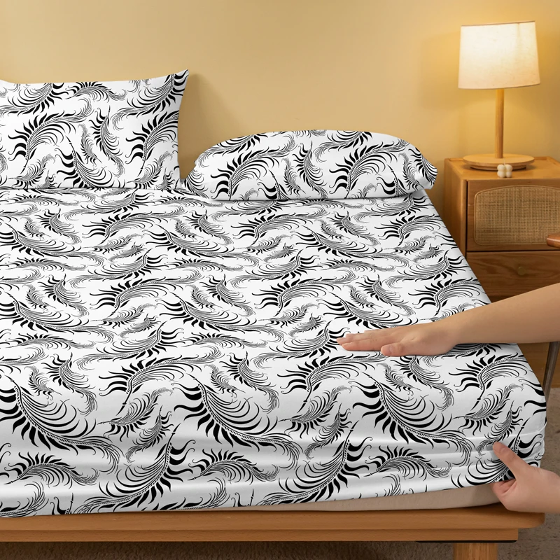 1 Simple modern Feather printed matte Fitted Sheet, bedroom printed bed cover, bedding (excluding pillowcases) 3