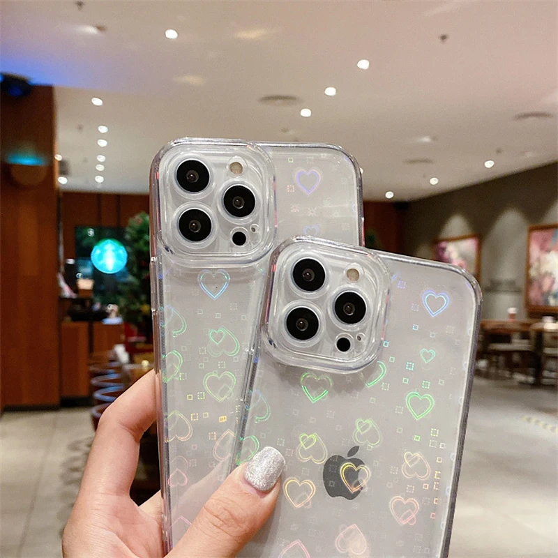 iphone 13 phone case Fashion Gradient Laser Love Heart Pattern Clear Phone Case For iPhone 13 12 11 Pro X XS Max XR 8 7 Plus SE2020 Shockproof Cover iphone 13 leather case