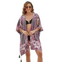 2024 Women's boho Kimono Cardigan Tops Loose Floral Print Coverups Beach Swim Bikini  Puff Sleeve Cover Ups Blouse for Swimwear