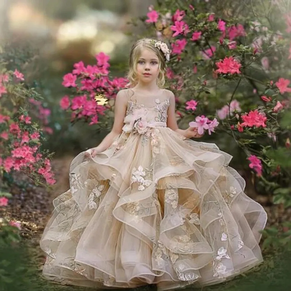 

First Communion Sash Lace Appliques Champagne Flower Girl Dresses With Custom Made Ball Gown Birthday Dresses For Elegant