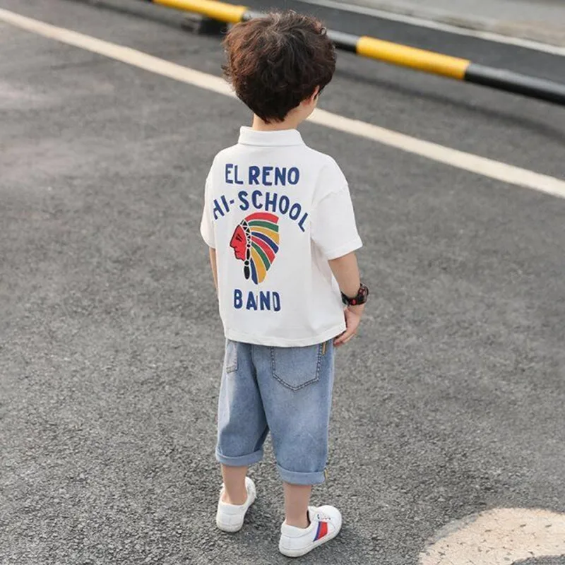 

Boys Clothes Set Summer 2023 Short Sleeve T-shirt Jeans Pants Sport Kids Tracksuit Teen Children Clothing Suit 4 6 8 10 12 Year