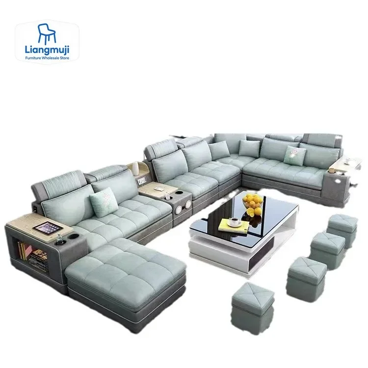 MINGDIBAO Nordic Fabric Sofa Set with Bluetooth Speaker & USB – Modern Living Room Modular Sofas Big U Shape Corner Cloth Couch