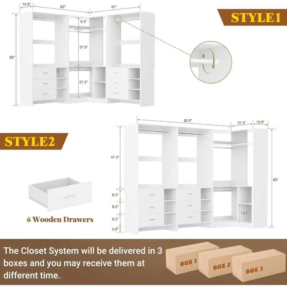 Closet System with 6 Drawers, 4 Hanging Rods & Corner Tower, Corner Closet System with Hanging, 92.6" L-Shaped Walk-In Wardrobe 5
