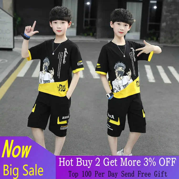 

New Summer Boys Clothing Set Casual Hip-hop Stripe Colorful T-Shirt + Pants 2Pcs Suit Kindergarten Performance Kids Clothes 15Y