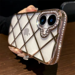 Luxury Plating 3D Diamond Lattice Transparent Phone Case with Glitter Rhinestones - iPhone 14 (Pink)
