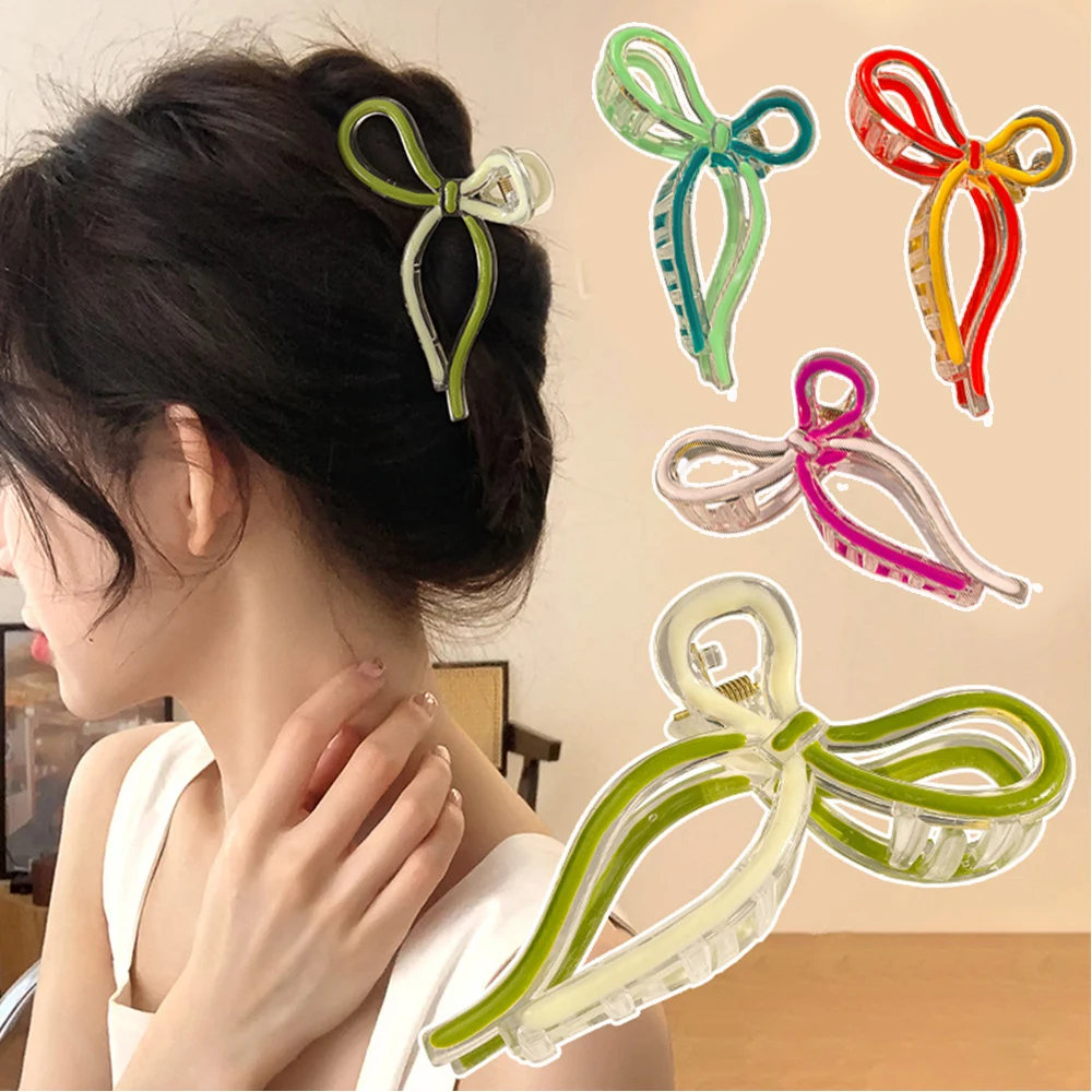 

6PCS Girls Jelly Color Bow Hair Claw Clip Set Large Claw Clip For Thick Hair Acrylic Hair Grips Ribbon Claw Clip Korean Headwear