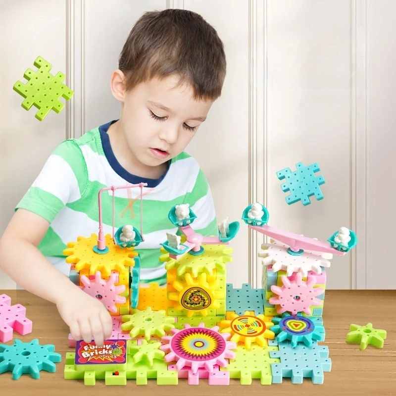 DIY Track Electric Gear Building Blocks Toy Set Interlocking Learning Blocks Motorized Spinning Gears Building Educational Toys