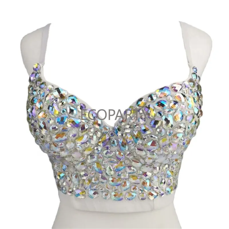 

New Fashion Women AB Colored Rhinestone Bustier Crop Top Spaghetti Strap Push Up Corset Vest 20