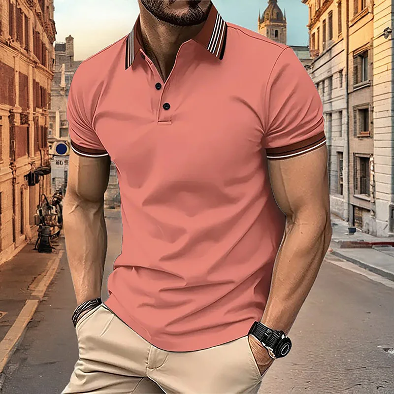 

2024 Men's New Summer Polo Shirt Short sleeved Solid Striped Neck Fashion Personalized Polo Shirt Men's Business Casual Top
