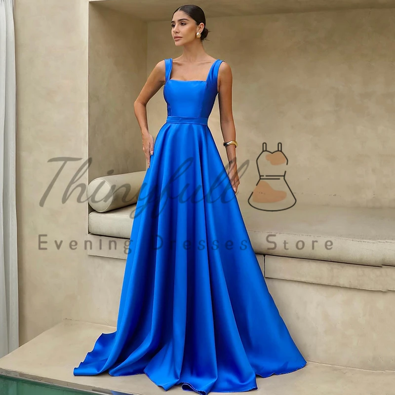 Thinyfull Formal A-Line Prom Evening Dresses Square Collar Floor Length Satin Party Dress Cocktail Prom Gowns Customized