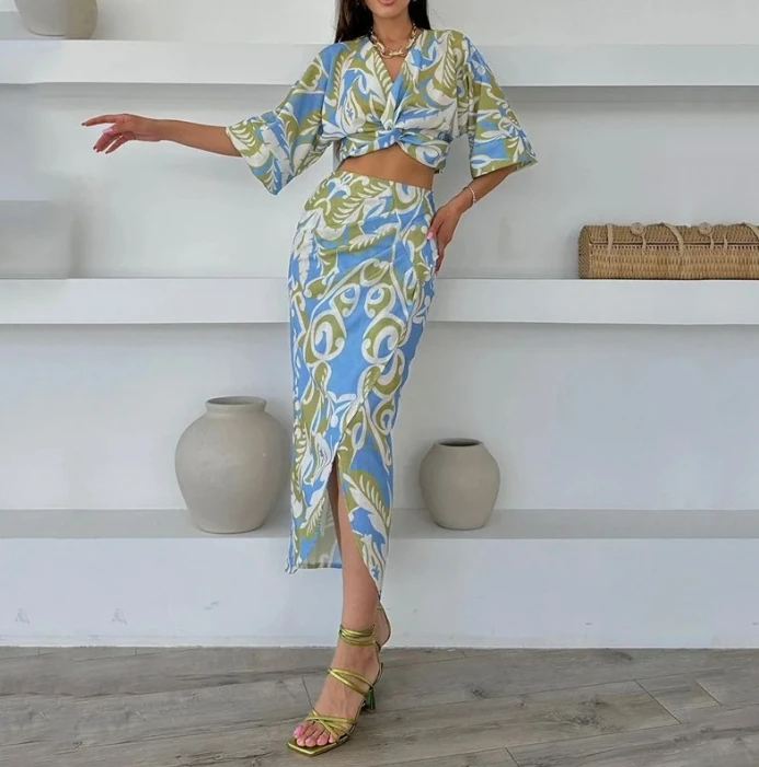 Elegant Sexy 2024 New Women's Long Skirt Set Summer Fashion New Loose Print Long Skirt Holiday Commuting Two Piece Set