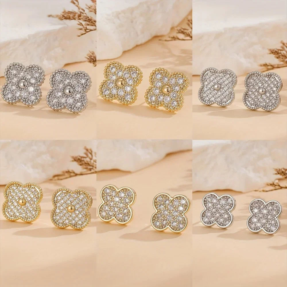 Four Leaf Earrings Micro Inlaid Zircon Series Four Leaf Lucky Earrings For Girls