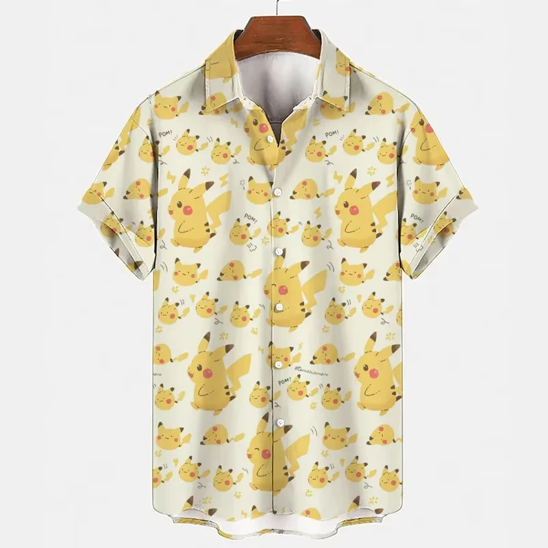 MINISO Pokemon Pikachu Men's Short-sleeved Shirt Beach Shorts Set Men's Summer Street Fashion Men's Casual Hawaii Shirt Suit 3
