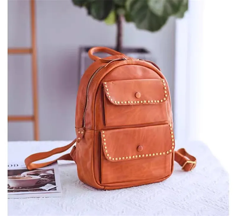 Pndme Outdoor Travel Designer hand gefertigte Echt leder Frauen Rucksack lässig Luxus natürliche echte Rindsleder weibliche Niet Schult asche – Detail 3
