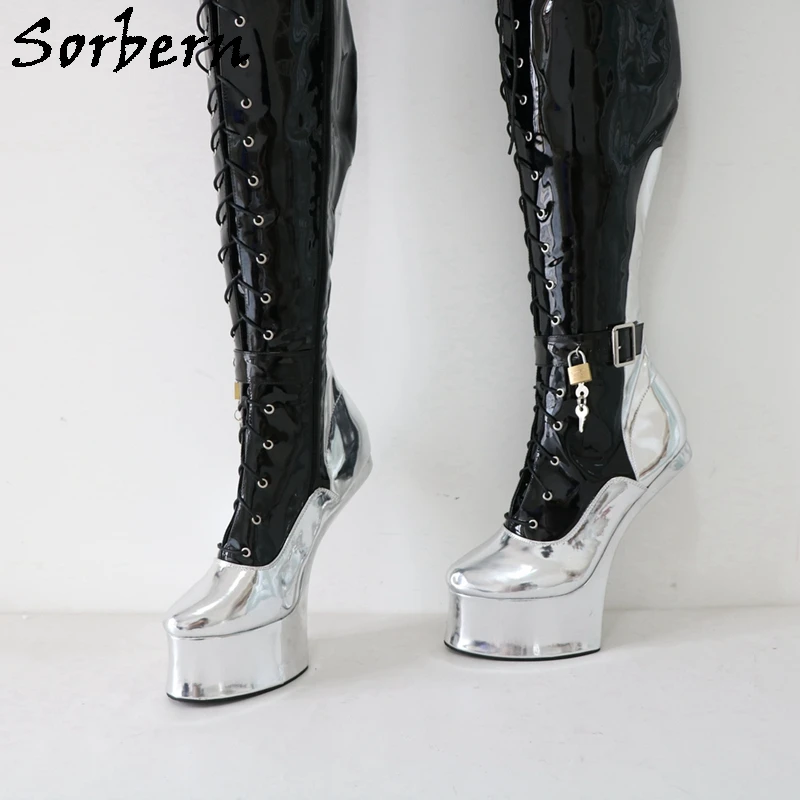 Sorbern Exotic Mid Thigh High Boots for Cosplay Women Heelless Horse Shoes Lace Up Fetish Shoes Platform Boot No Heels